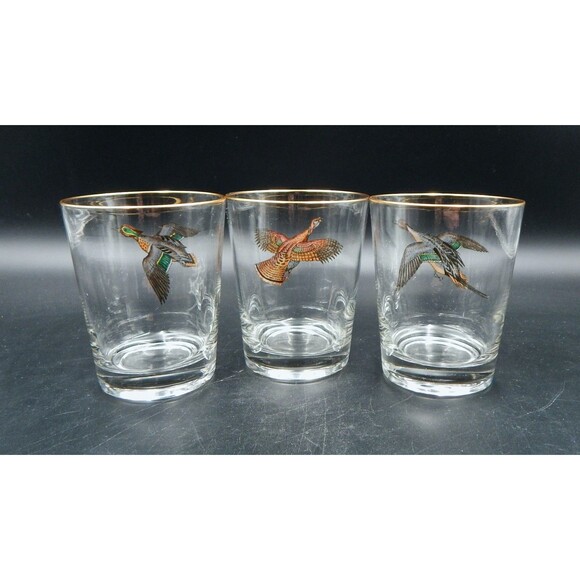 Ducks Waterfowl Double Old-Fashioned Rocks Glasses Glassware Gold Trim S/3 Sign - Picture 5 of 12